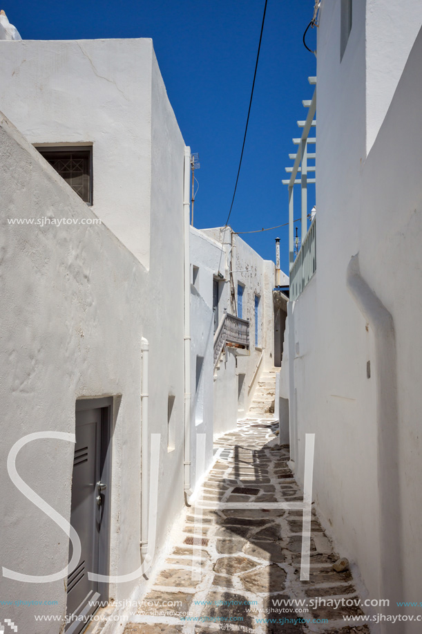 Typical white house in town of Parakia, Paros island, Cyclades, Greece