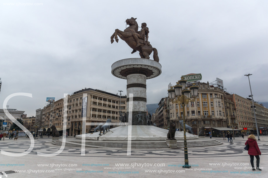 SKOPJE, REPUBLIC OF MACEDONIA - FEBRUARY 24, 2018:  Skopje City Center and Alexander the Great Monument, Macedonia