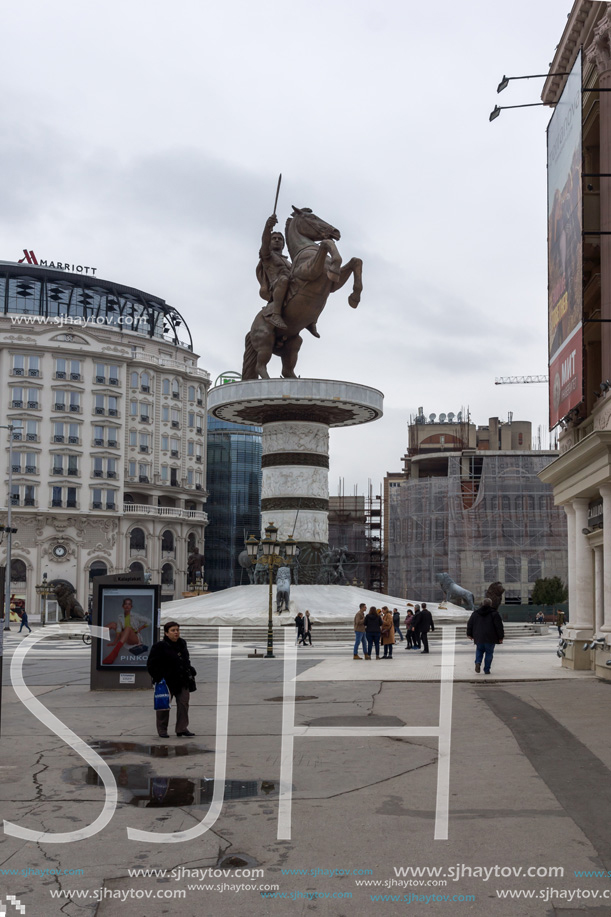 SKOPJE, REPUBLIC OF MACEDONIA - FEBRUARY 24, 2018:  Skopje City Center and Alexander the Great Monument, Macedonia