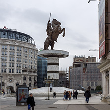 SKOPJE, REPUBLIC OF MACEDONIA - FEBRUARY 24, 2018:  Skopje City Center and Alexander the Great Monument, Macedonia