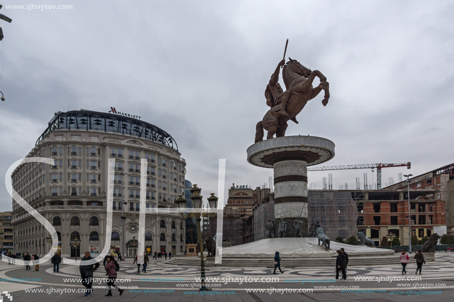 SKOPJE, REPUBLIC OF MACEDONIA - FEBRUARY 24, 2018:  Skopje City Center and Alexander the Great Monument, Macedonia