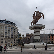 SKOPJE, REPUBLIC OF MACEDONIA - FEBRUARY 24, 2018:  Skopje City Center and Alexander the Great Monument, Macedonia