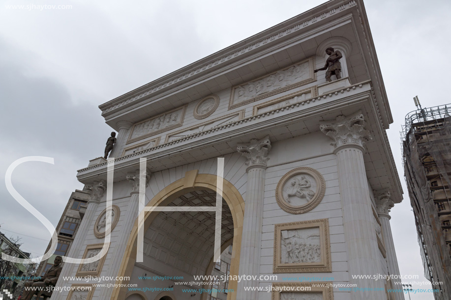 SKOPJE, REPUBLIC OF MACEDONIA - FEBRUARY 24, 2018:  Macedonia Gate arch, Skopje, Macedonia