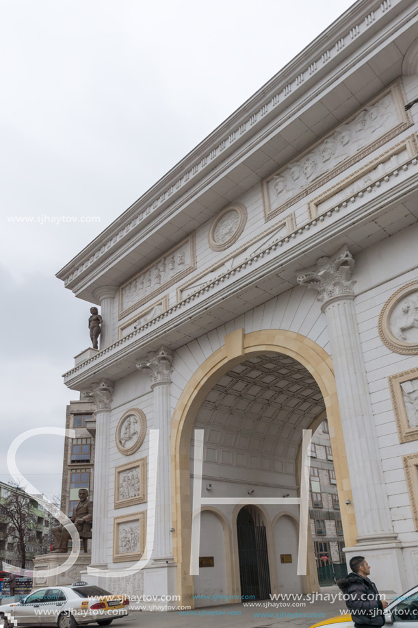 SKOPJE, REPUBLIC OF MACEDONIA - FEBRUARY 24, 2018:  Macedonia Gate arch, Skopje, Macedonia