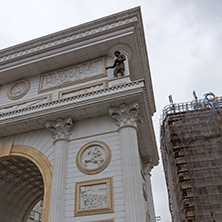 SKOPJE, REPUBLIC OF MACEDONIA - FEBRUARY 24, 2018:  Macedonia Gate arch, Skopje, Macedonia