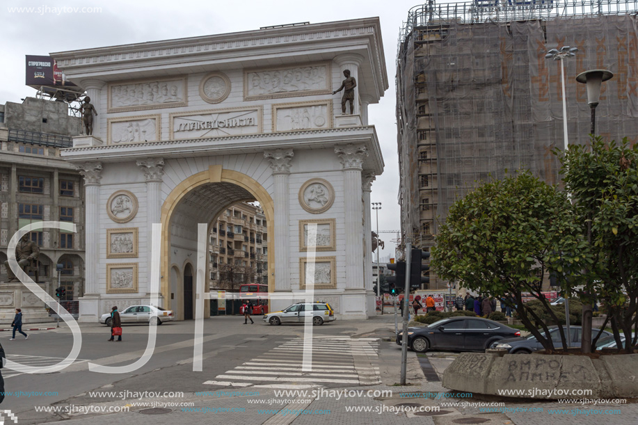 SKOPJE, REPUBLIC OF MACEDONIA - FEBRUARY 24, 2018:  Macedonia Gate arch, Skopje, Macedonia