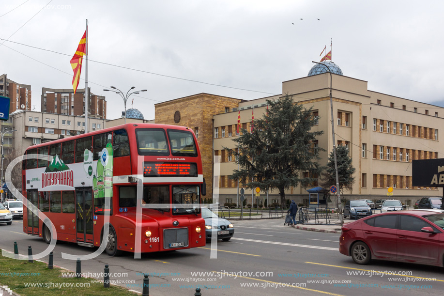 SKOPJE, REPUBLIC OF MACEDONIA - FEBRUARY 24, 2018:  Building of Parliament in city of Skopje, Republic of Macedonia