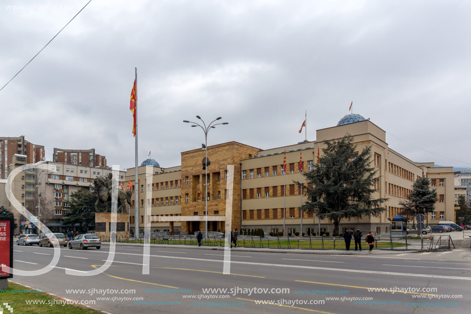 SKOPJE, REPUBLIC OF MACEDONIA - FEBRUARY 24, 2018:  Building of Parliament in city of Skopje, Republic of Macedonia