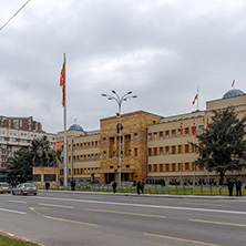 SKOPJE, REPUBLIC OF MACEDONIA - FEBRUARY 24, 2018:  Building of Parliament in city of Skopje, Republic of Macedonia