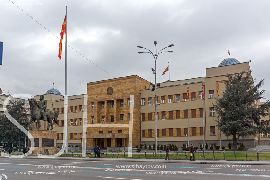 SKOPJE, REPUBLIC OF MACEDONIA - FEBRUARY 24, 2018:  Building of Parliament in city of Skopje, Republic of Macedonia