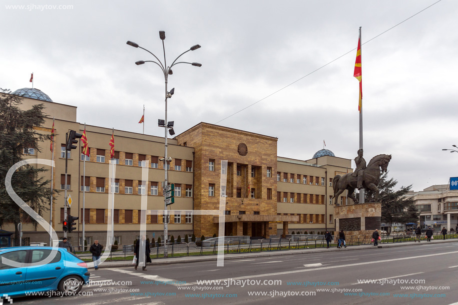 SKOPJE, REPUBLIC OF MACEDONIA - FEBRUARY 24, 2018:  Building of Parliament in city of Skopje, Republic of Macedonia