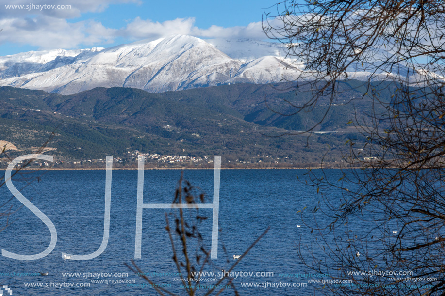 Amazing winter Landscape of Lake Pamvotida and Pindus mountain from city of Ioannina, Epirus, Greece