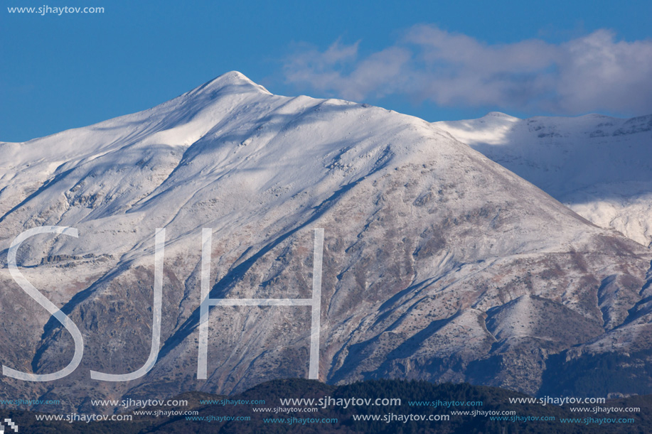 Amazing winter Landscape of Lake Pamvotida and Pindus mountain from city of Ioannina, Epirus, Greece