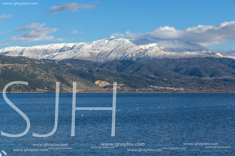 Amazing winter Landscape of Lake Pamvotida and Pindus mountain from city of Ioannina, Epirus, Greece