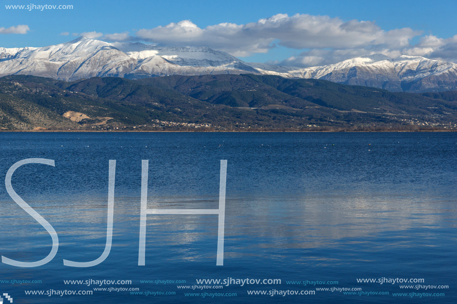 Amazing winter Landscape of Lake Pamvotida and Pindus mountain from city of Ioannina, Epirus, Greece