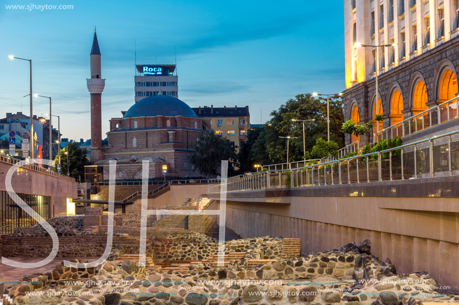 SOFIA, BULGARIA - JULY 21, 2017: Night photo of Banya Bashi Mosque and ruins of ancient Serdica in Sofia, Bulgaria