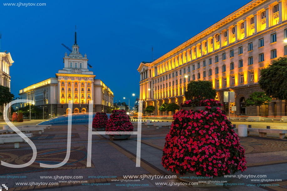 SOFIA, BULGARIA - JULY 21, 2017: Night photo of Buildings of Presidency, Buildings of Council of Ministers and Former Communist Party House in Sofia, Bulgaria