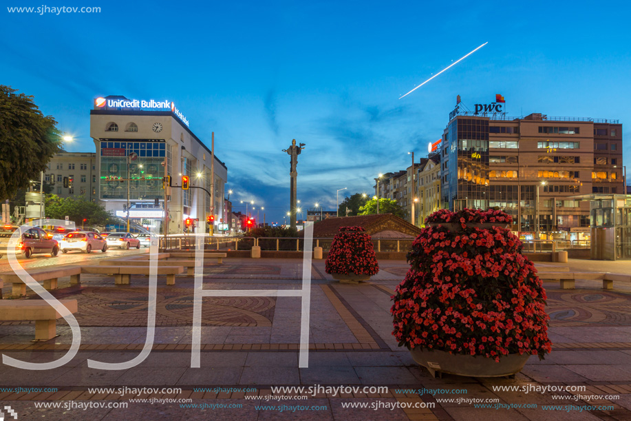 SOFIA, BULGARIA - JULY 21, 2017: Night photo of Independence Square and Hagia Sophia monument in city of Sofia, Bulgaria