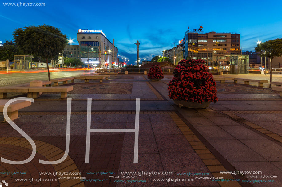 SOFIA, BULGARIA - JULY 21, 2017: Night photo of Independence Square and Hagia Sophia monument in city of Sofia, Bulgaria