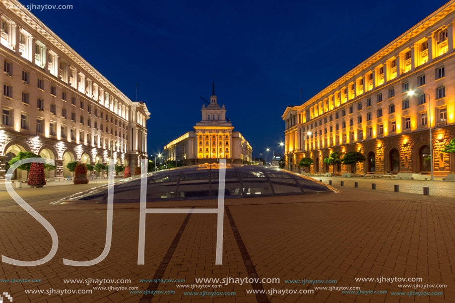 SOFIA, BULGARIA - JULY 21, 2017: Night photo of Buildings of Presidency, Buildings of Council of Ministers and Former Communist Party House in Sofia, Bulgaria