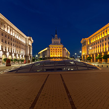 SOFIA, BULGARIA - JULY 21, 2017: Night photo of Buildings of Presidency, Buildings of Council of Ministers and Former Communist Party House in Sofia, Bulgaria