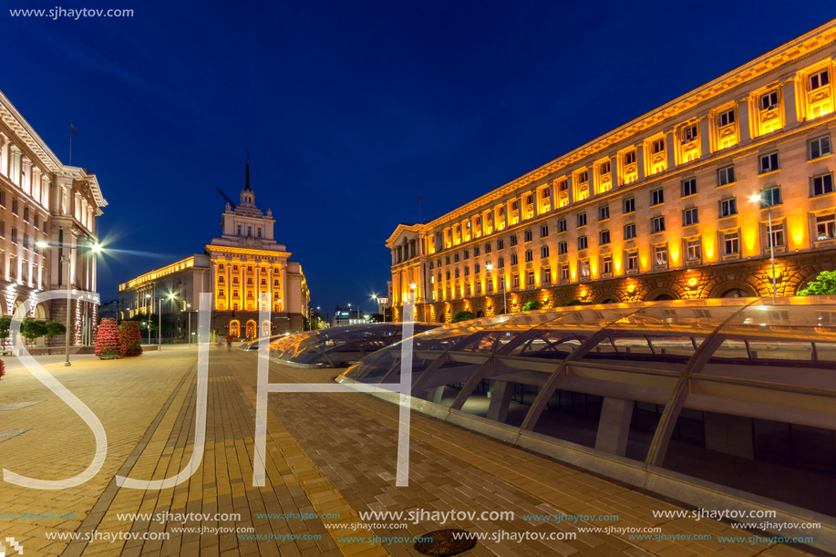 SOFIA, BULGARIA - JULY 21, 2017: Night photo of Buildings of Presidency, Buildings of Council of Ministers and Former Communist Party House in Sofia, Bulgaria