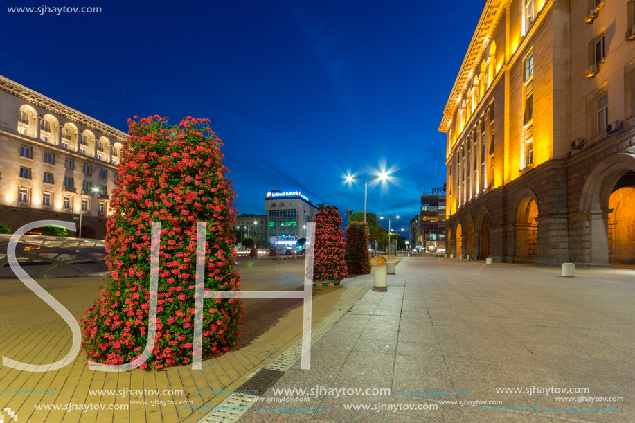 SOFIA, BULGARIA - JULY 21, 2017: Night photo of Independence Square and Hagia Sophia monument in city of Sofia, Bulgaria