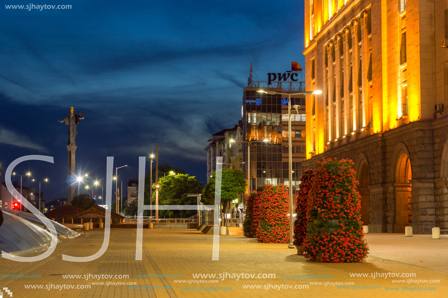 SOFIA, BULGARIA - JULY 21, 2017: Night photo of Independence Square and Hagia Sophia monument in city of Sofia, Bulgaria