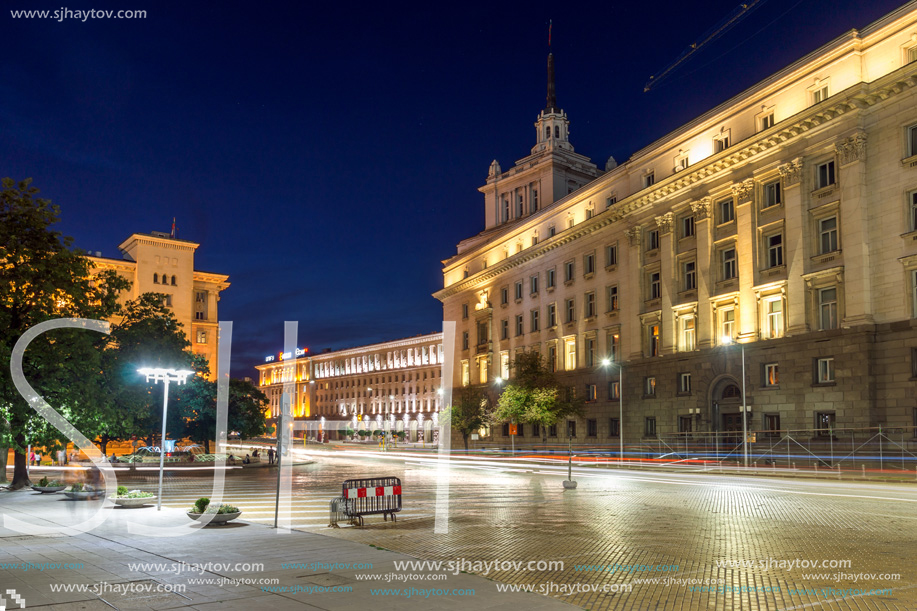 SOFIA, BULGARIA - JULY 21, 2017: Night photo of Buildings of Presidency, Buildings of Council of Ministers and Former Communist Party House in Sofia, Bulgaria