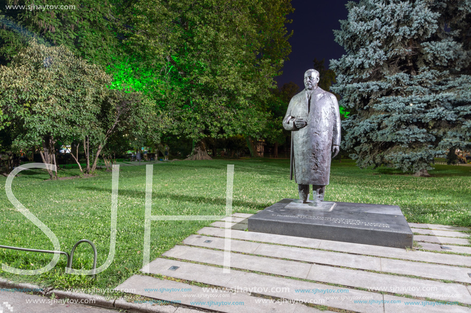 SOFIA, BULGARIA - JULY 21, 2017: Night photo of Monument of Atanas Burov  in Sofia, Bulgaria