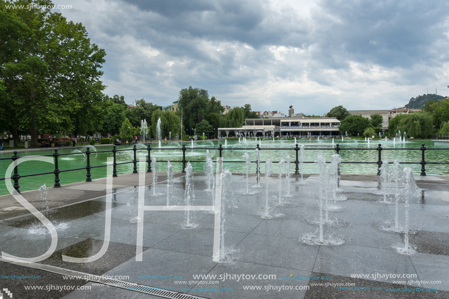 PLOVDIV, BULGARIA - MAY 25, 2018: Panoramic view of Singing Fountains in City of Plovdiv, Bulgaria