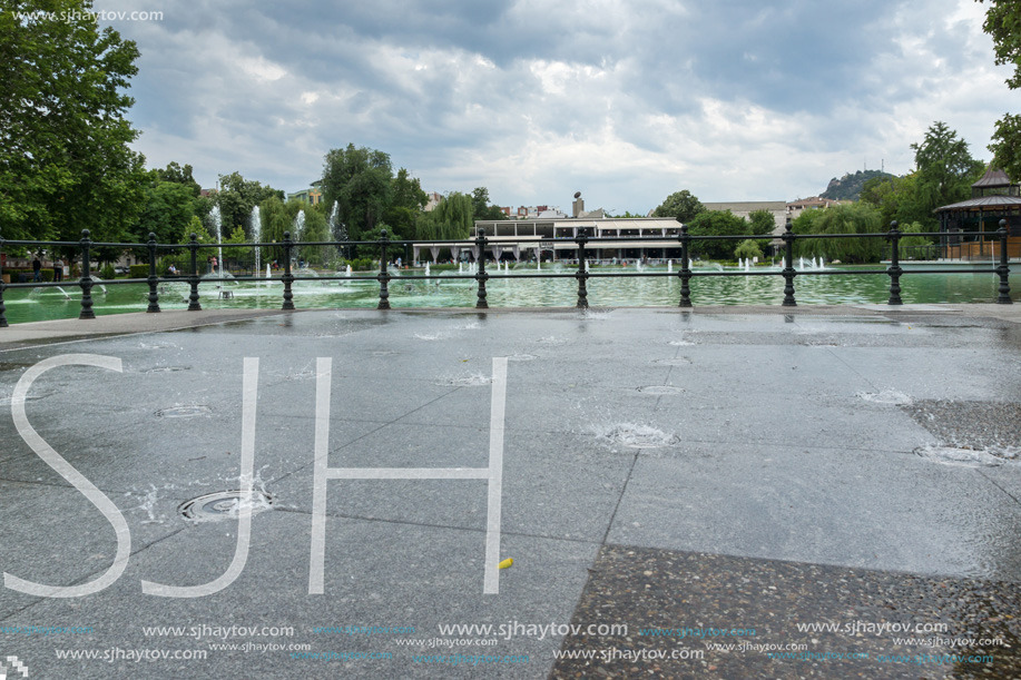 PLOVDIV, BULGARIA - MAY 25, 2018: Panoramic view of Singing Fountains in City of Plovdiv, Bulgaria