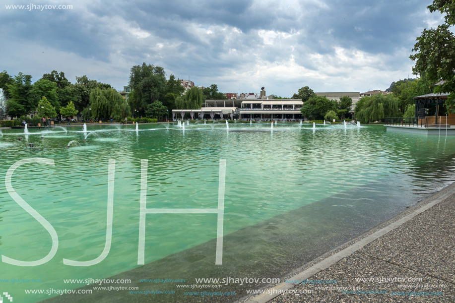 PLOVDIV, BULGARIA - MAY 25, 2018: Panoramic view of Singing Fountains in City of Plovdiv, Bulgaria