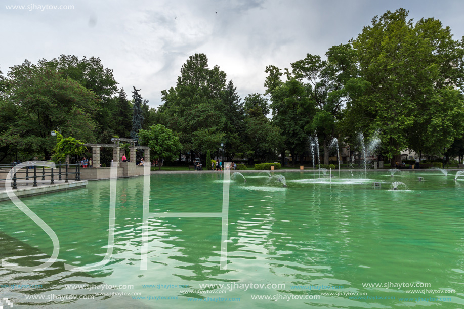 PLOVDIV, BULGARIA - MAY 25, 2018: Panoramic view of Singing Fountains in City of Plovdiv, Bulgaria