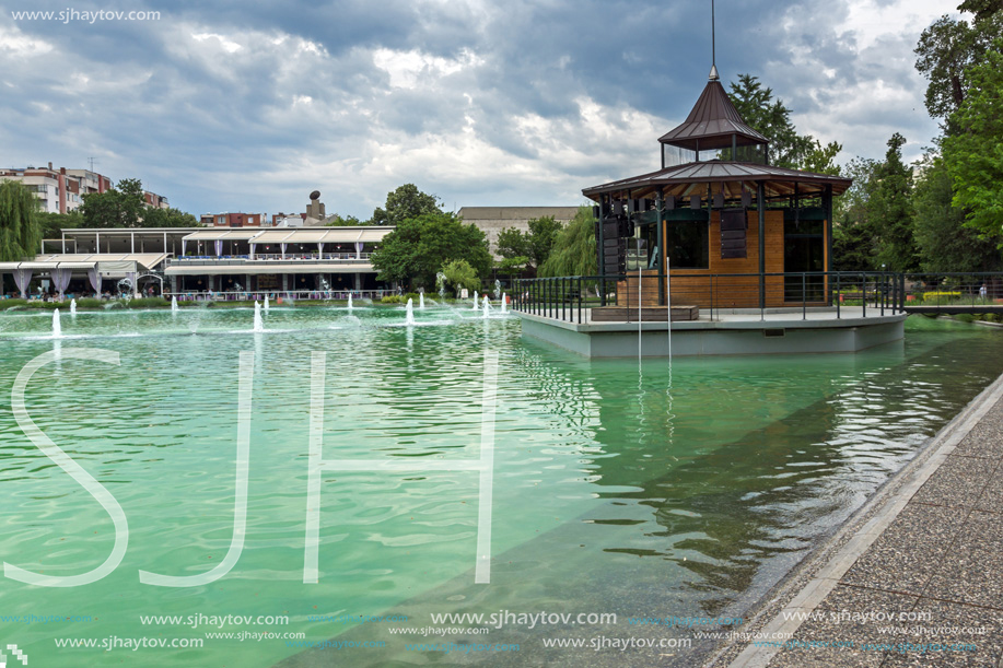 PLOVDIV, BULGARIA - MAY 25, 2018: Panoramic view of Singing Fountains in City of Plovdiv, Bulgaria