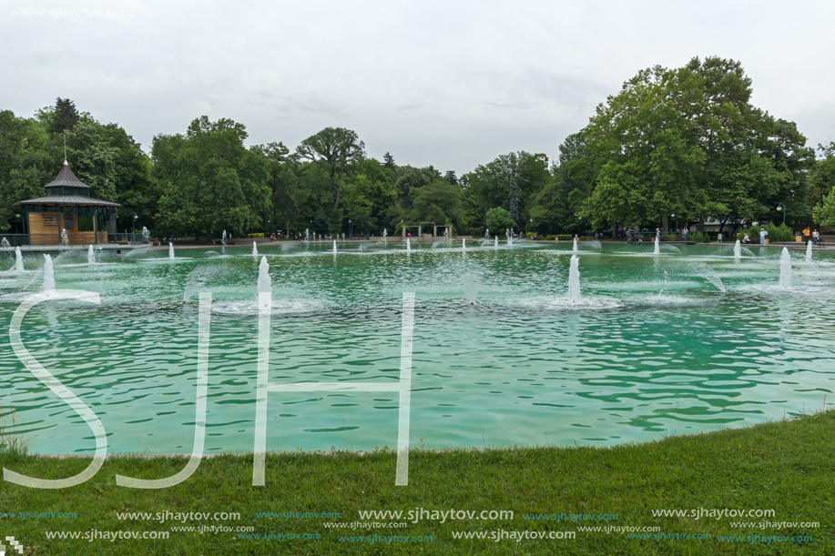 PLOVDIV, BULGARIA - MAY 25, 2018: Panoramic view of Singing Fountains in City of Plovdiv, Bulgaria