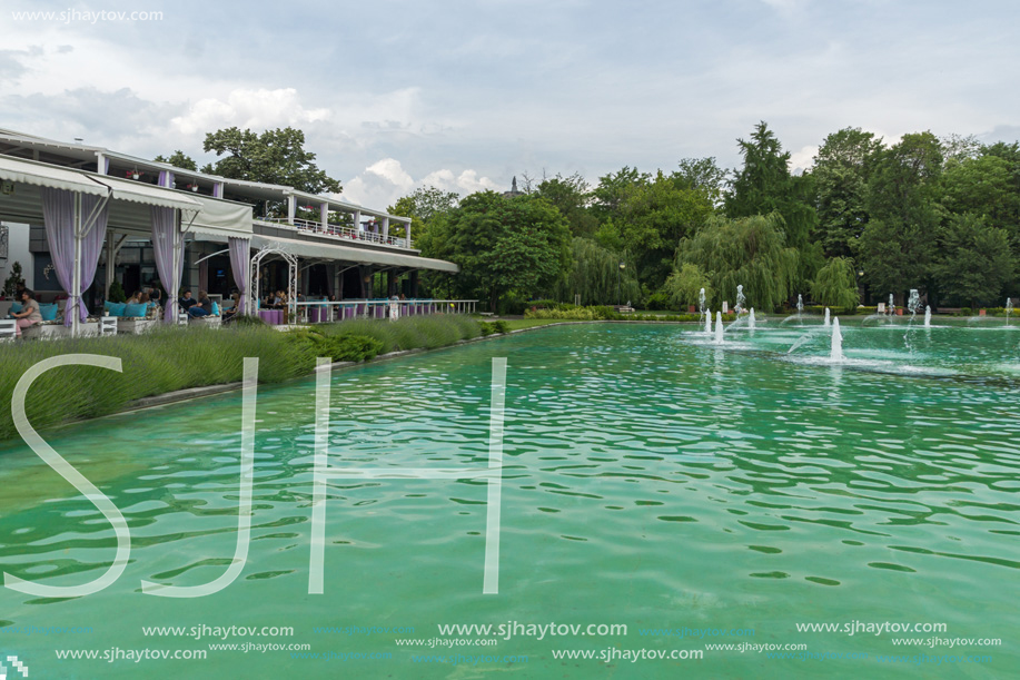PLOVDIV, BULGARIA - MAY 25, 2018: Panoramic view of Singing Fountains in City of Plovdiv, Bulgaria