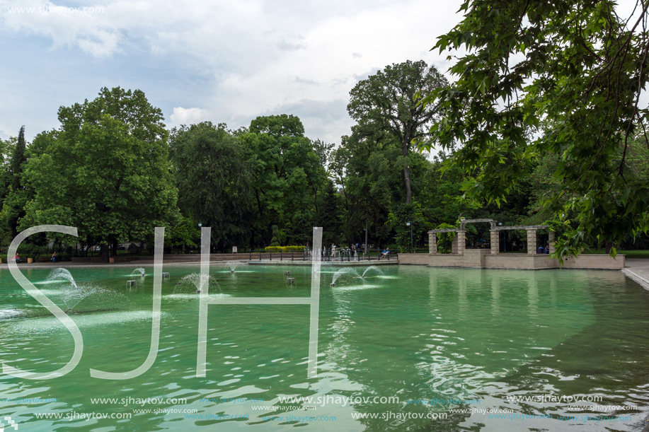 PLOVDIV, BULGARIA - MAY 25, 2018: Panoramic view of Singing Fountains in City of Plovdiv, Bulgaria