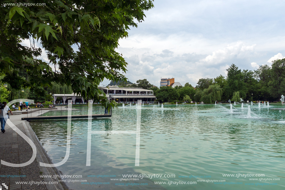 PLOVDIV, BULGARIA - MAY 25, 2018: Panoramic view of Singing Fountains in City of Plovdiv, Bulgaria