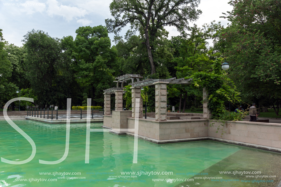 PLOVDIV, BULGARIA - MAY 25, 2018: Panoramic view of Singing Fountains in City of Plovdiv, Bulgaria