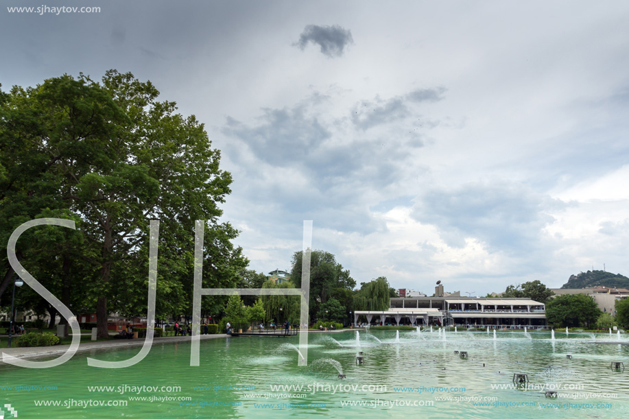 PLOVDIV, BULGARIA - MAY 25, 2018: Panoramic view of Singing Fountains in City of Plovdiv, Bulgaria