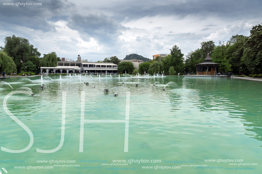 PLOVDIV, BULGARIA - MAY 25, 2018: Panoramic view of Singing Fountains in City of Plovdiv, Bulgaria