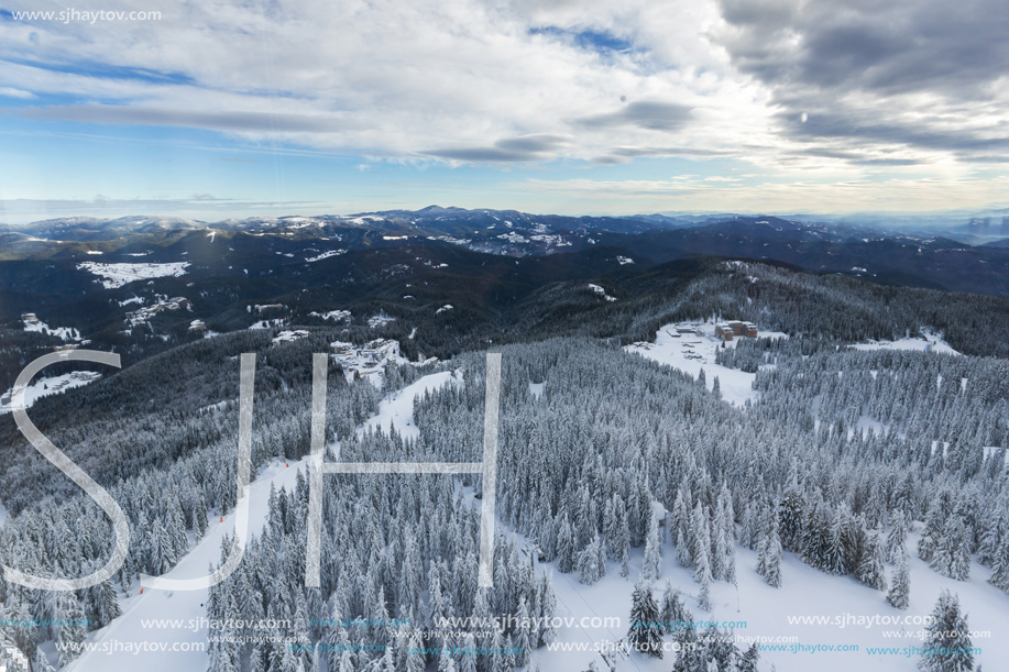 Amazing winter landscape of Rhodope Mountains near Pamporovo resort from Snezhanka tower, Smolyan Region, Bulgaria