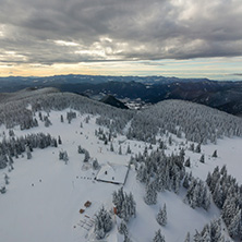 Amazing winter landscape of Rhodope Mountains near Pamporovo resort from Snezhanka tower, Smolyan Region, Bulgaria