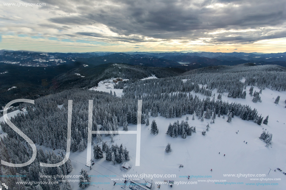 Amazing winter landscape of Rhodope Mountains near Pamporovo resort from Snezhanka tower, Smolyan Region, Bulgaria