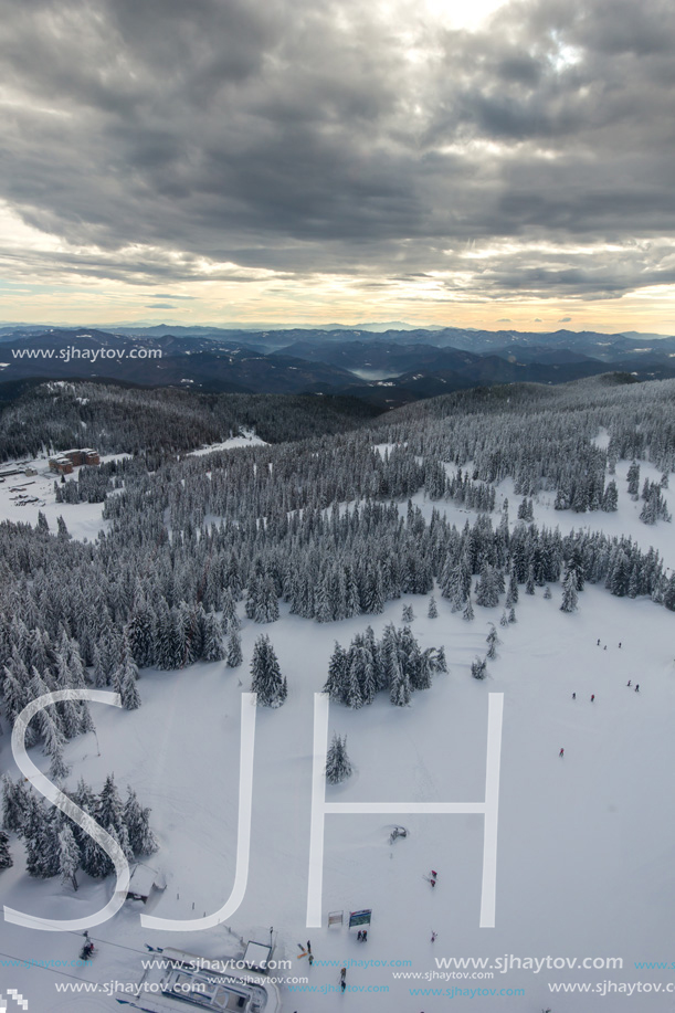 Amazing winter landscape of Rhodope Mountains near Pamporovo resort from Snezhanka tower, Smolyan Region, Bulgaria