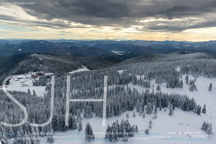 Amazing winter landscape of Rhodope Mountains near Pamporovo resort from Snezhanka tower, Smolyan Region, Bulgaria