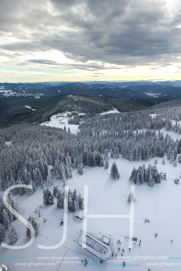 Amazing winter landscape of Rhodope Mountains near Pamporovo resort from Snezhanka tower, Smolyan Region, Bulgaria