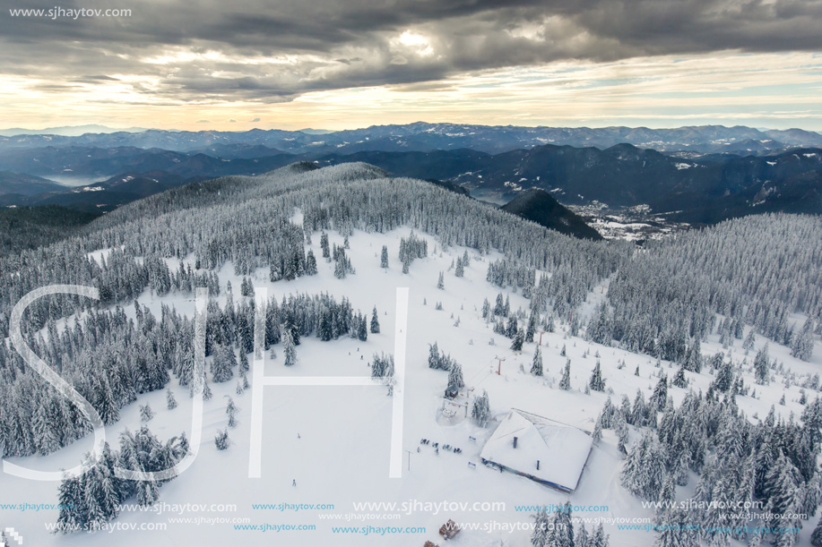 Amazing winter landscape of Rhodope Mountains near Pamporovo resort from Snezhanka tower, Smolyan Region, Bulgaria