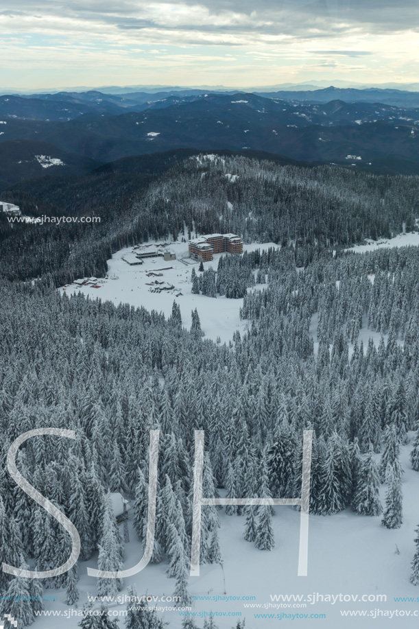 Amazing winter landscape of Rhodope Mountains near Pamporovo resort from Snezhanka tower, Smolyan Region, Bulgaria